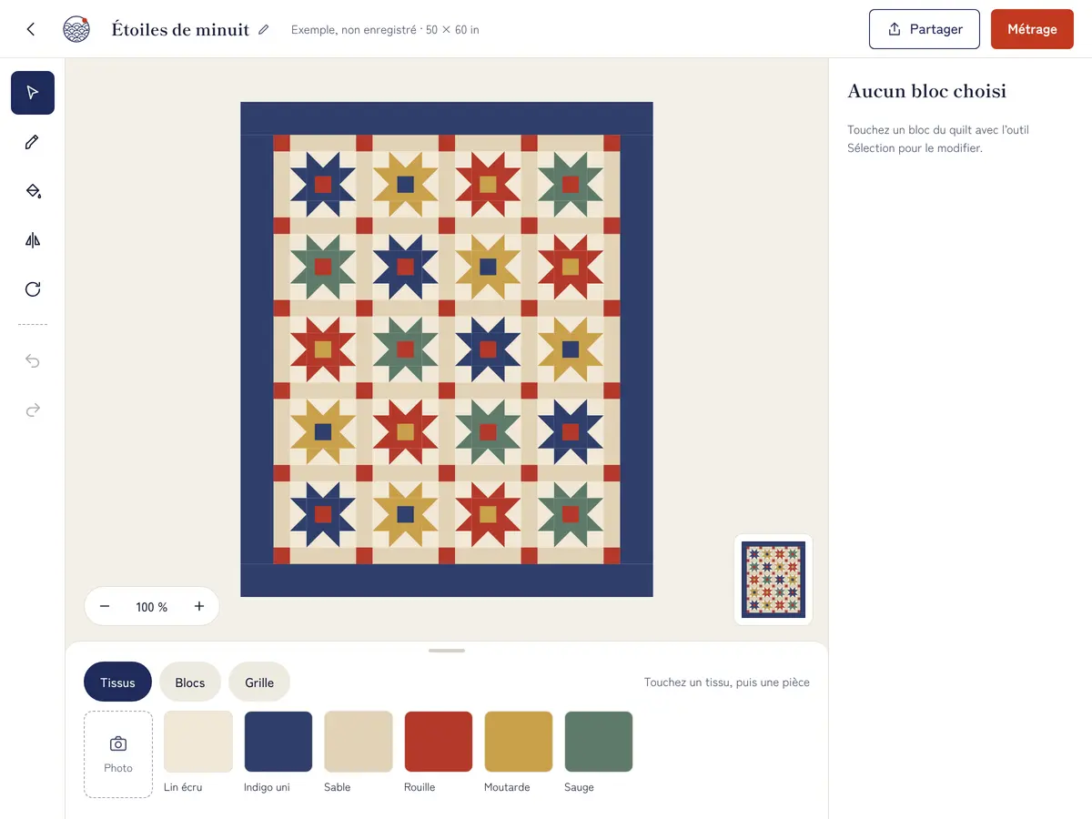 L'éditeur : le quilt « Étoiles de minuit », ses blocs et ses tissus