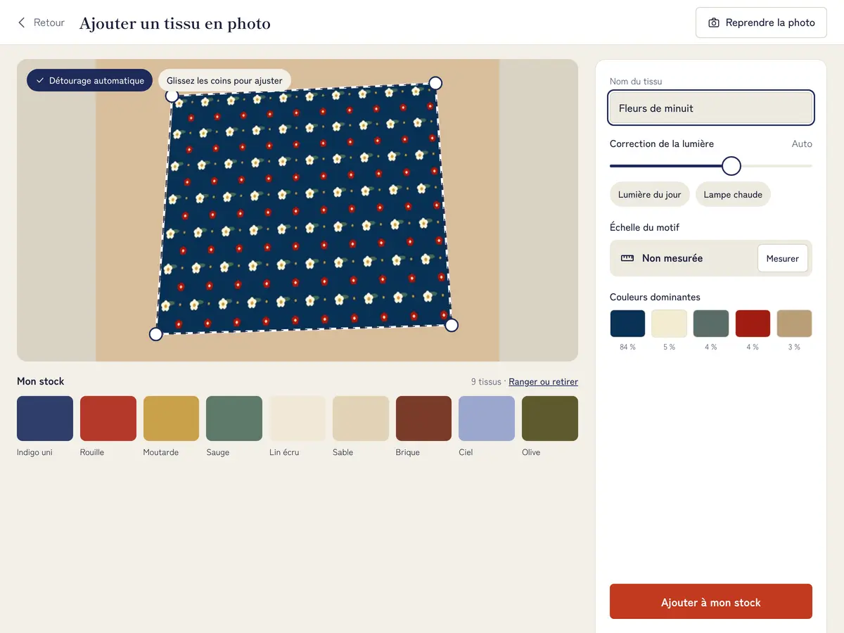 Un tissu photographié : détourage automatique, lumière et couleurs dominantes