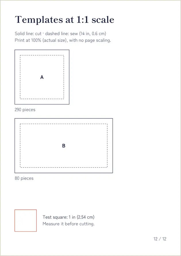 A page of 1:1 scale templates, with its test square